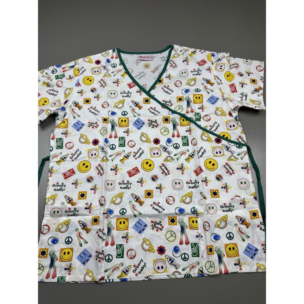 fashion scrubs womens scrub top size large groovy baby smiley face mock wrap new